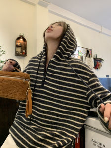 Áo Nỉ Nữ Oreo Sọc Áo Nỉ Thoải Mái Dáng Rộng Mùa Thu Áo Khoác Trùm Đầu Kéo Dài Nửa Khóa Kéo Dài Thường Ngày