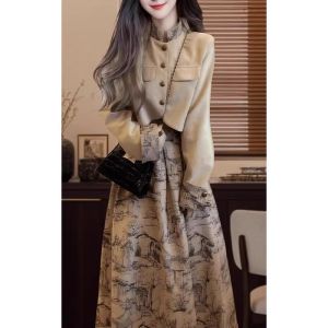 New Chinese Style plus Size Womens Fashion Set Autumn Winter Short Coat Skirt Two-Piece Set Elegant High-End Feeling