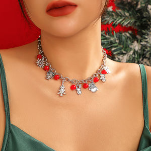 Ingemak Christmas Red Glass Beads Snowflake Elk Pendant Chokers Necklace Women Trend Sliver Color Metal Neck Chain New Jewelry
