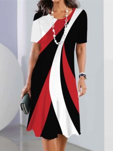 ชุดเดรสแขนสั้นคอกลมพิมพ์ลายสำหรับผู้หญิง ชุดเดรสยาวปานกลางแขนสั้นคอตั้ง ชุดทำงานฤดูร้อน ชุดทำงานแขนสั้น