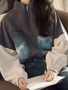 Trendy American Lazy Loose Grey Print Stand Collar Long Sleeve Hoodie Winter New Arrival Womens Casual Comfortable Sweatshirt