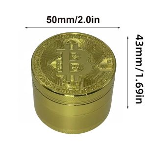 50mm Bitcoin Gold Herb Grinder 4-layer Spice Pepper Mill Mortar Metal Grass Raw Tobacco Grinder Smoking Accessories Kitchen Tool