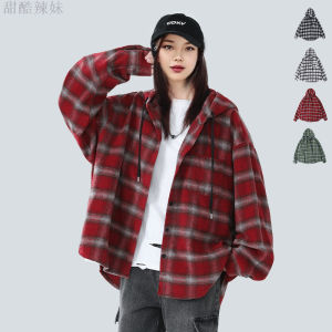 Red Plaid Long Sleeve Hooded Casual Shirt Outerwear Loose Couple Polyester Fiber Anti-Wrinkle Windproof Non-Ironing Coat