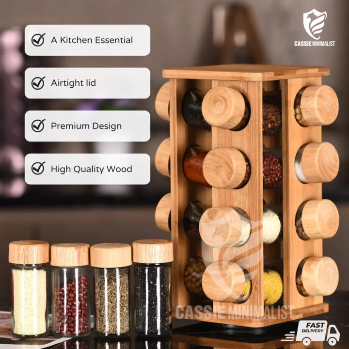 Spice Organizer Set Wood Rotatable Spice Rack Bamboo with 16 Jars Lazada PH