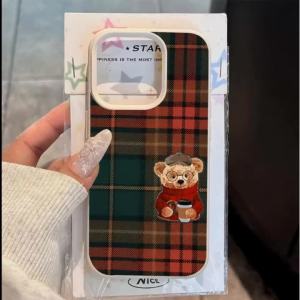 Plaid Retro Bear Pattern Phone Case For iPhone 17 Air 16 15 14 13 12 14 Pro Max 16E X XR XS Max 16 Plus 13 Soft TPU Cover Cases