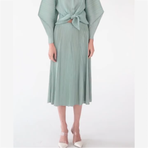 Miyake กระโปรง MODE Korea สีทึบจีบเย็บปะสำหรับฤดูร้อนกระโปรงแบบจีบขนาดใหญ่