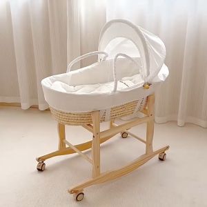 【FREE SHIPPING】 KAPO Handmade Straw Woven Portable Baby Cradle with Wheels for Newborns car seat with baby pillow+cushion+mosquito net
