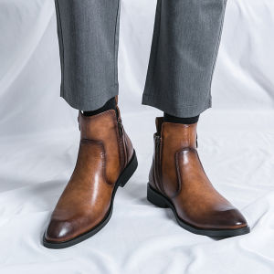 Mens Chelsea Boots Martin High Top Pointed Toe Shoes Stylist Recommended Casual Business Heightening British Style Leather Boots