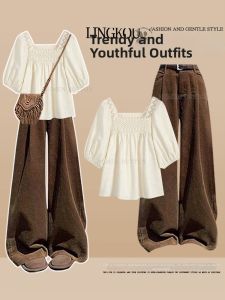 NUMEN BUTTON | Big Size Womens Elegant Salt Style Set with Lace Bubble Sleeve Blouse High Waist Pants