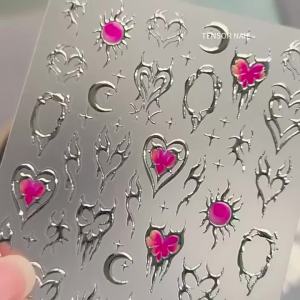 5D Metal Thorn Nail Stickers Silver Barbed Heart Sun Moon Flame Butterfly 3D Nail Art Stickers Self Adhesive Nail Decoration DIY