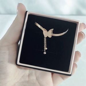 SO SEOUL Caria Butterfly Double Tassel Chain with Dangling Beads Ball Rose Gold Fixed Chain Necklace