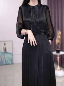 Elegant Chinese Style Womens Dress High Waist A-Line Skirt Midi Length Zipper Closure Floral Embellishment Polyester Fabric