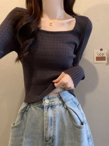 plus Size Womens French Style U-Neck Knitwear Short Long Sleeve Square Collar Base Shirt Vintage Look Slimming Effect