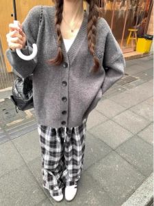 Embroidered Long Sleeve V-Neck Knitwear Casual Loose Style Womens Cardigan Outerwear Autumn Winter Comfortable Slimming Coat