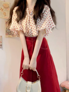 CAOZIMUYI | Đầm Tay Bồng Chấm Bi Màu Đỏ Phong Cách Pháp Elegante Mùa Hè