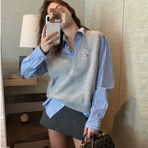 Tommy Hilfiger 25 New Autumn Winter Womens Vest American Retro Embroidered V-neck Knitwear Comfortable Cotton Wool Blend
