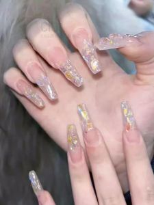 เล็บประดับเพชรสีขาวระยิบระยับยาวทำมือ อุปกรณ์เสริมความงามสำหรับเล็บแบบสวม สีน้ำเงิน เครื่องประดับแฟชั่นสำหรับผู้หญิง