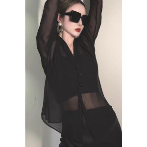 French Chiffon Tulle Sun Protection Shirt Womens Summer Cardigan Sling Dress Outer Shawl Blouse Sheer Top