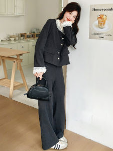 Grey Small Fragrance Style Womens Autumn Fashion Set High-End Sensation Early Autumn Clothing Two-Piece Set Long Sleeve round Neck Button Closure