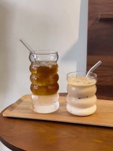 YWDL | 350/480ml Wave Design High Borosilicate Glass Tumbler with Straw Iced Coffee Cup Heat Resistant Tumbler for Cold Beverages