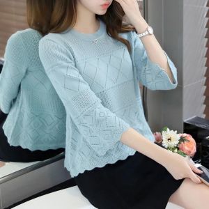Autumn Pullover Womens Hollow Thin Section Womens Sweater Girl Half Sleeve Sweater Top Ladies Knitted Pullover Women