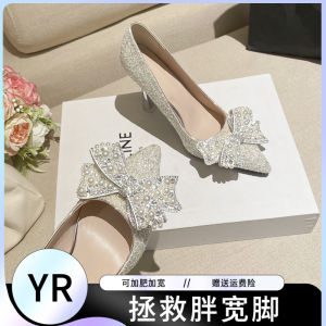Princess Style High Heels Womens Wide Foot Crystal Two-Way Wear Wedding Shoes Evening Gown Maidsmaid Shoe Large Size Single Shoe