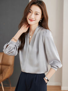 เสื้อเชิ้ตไหมคอวีแขนยาวผ้าซาตินระดับไฮเอนด์สำหรับผู้หญิง ฤดูใบไม้ร่วง 2025 เสื้อเชิ้ตไหมแท้สำหรับใส่ไปทำงาน