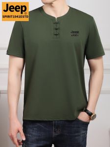 Jeep Mens Short Sleeve T-Shirt Summer Loose Style Cotton Breathable Business Casual Fashion Urban Wear with Button Detail