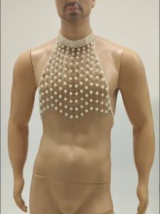 CLEVER-MENMODE | Imitation Pearl Body Harness Men Halter Neck Chest Bohemia Crop Chains Top Rave Costume Belly Nightclub Stage Muscle Outfit