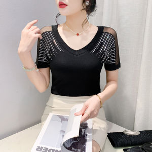 YIMEI 2025 European Station Summer New Short Sleeve V-neck Korean Cotton Top Fashion Hollow Heavy Industry Hot Diamond Black T-shirt