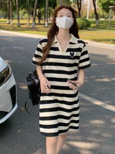 ขนาดใหญ่ผ้าฝ้ายเสื้อยืดชุดผู้หญิงฤดูร้อน PLUS ขนาดกระชับสัดส่วนลาย POLO คอยาวชุดลําลองสถานการณ์