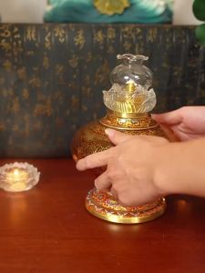 SXH Exquisite enamel colored oil lamp for household use copper windproof adjustable liquid butter lamp Buddhist lamp for Buddhas eternal illumination