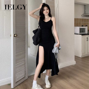 IELGY Black suspender dress womens irregular slit fishtail skirt