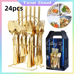 Tase Good stainless steel tableware set western steak knife fork and spoon creative 24 piece gift box （Free shelves）
