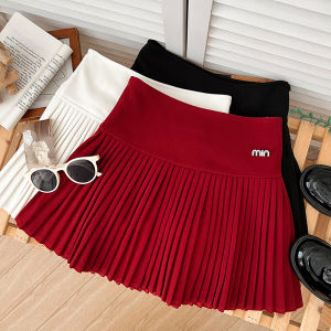 Stylish Letter Rhinestone Buckle High Waist Slim Looking Woolen Skirt Pleated Skirt Exposure-Proof Skirt a-Line Skirt for Women