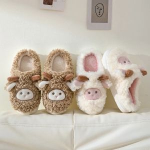 Autumn Winter Women Cute Sheep Slippers Females Home Indoor Fluffy Warm Slides Men Plush Cartoon Flip Flops Couples Soft Shoes