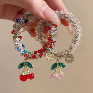 Korean Crystal Beaded Cherry Bracelet Dual-purpose Hhair Tie Elegant Sweet Elastic Hair Band Girl Rhinestones Hair Accessories