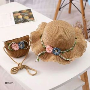 TOPI PANTAI ANAK SET TAS IMPORT MOTIF BUNGA DAUN JALAR