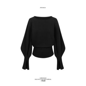 เสื้อยืดคอกลมแขนยาวถักแขนถั่วสไตล์ลำลองสำหรับผู้หญิง เสื้อชั้นในแฟชั่นฤดูใบไม้ร่วง แขนยาว ปกติ แขนถั่ว ปกติ