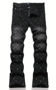 Mens Jeans with Nail Rhinestone Decoration Shiny Stretch Straight-Leg Jeans Street Style Hip-Hop Skateboarding Rap Party Dance Pants Suitable for All Seasons
