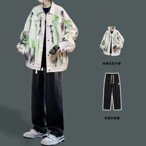 Vintage Graffiti Painted Denim Jacket And Pants Set for Men Casual Autumn Outfit Long Sleeve Jeans Style Ideal for Teens