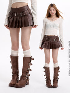 Váy Ngắn Chữ a Cạp Cao Bằng Da PU Màu Nâu Cho Nữ Mùa Thu Mới Váy Xếp Ly Ngắn Cho Bé Gái Váy Ngắn Cho Nữ