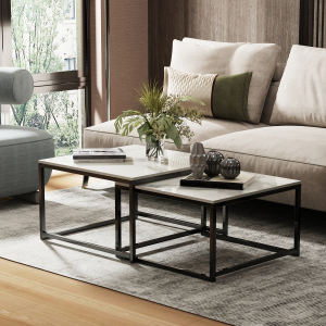 UNHO Nesting Coffee Table Set for Living Room Nesting Tables Set of 2 Stackable with Sintered Stone Tabletop