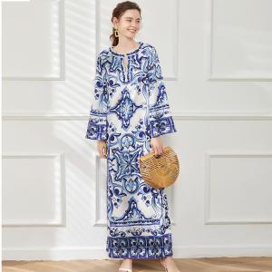 Retro Blue And White Porcelain Print Maxi Dress Women Summer Beach Vacation Loose Sun Protection Clothing Asymmetrical Hem
