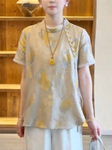 QINGNAER | Slim Fit Chinoiserie Jacquard Short Sleeve Blouse