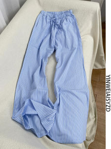 Quần Ống Rộng Kẻ Sọc Xanh Rộng Rãi Cho Nữ Mùa Hè 2025 Quần Dài Thường Ngày Cạp Cao Ống Thẳng Thoải Mái