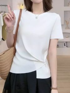 Summer 2024 Ice Silk Casual Versatile round Neck Short Sleeve T-Shirt Womens Top Irregular Design Commute Style Polyester Fiber