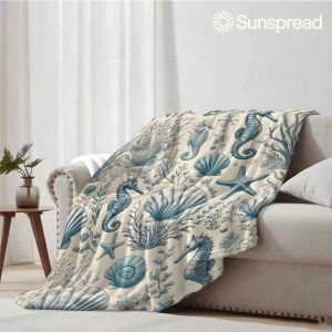 Beast Kingdom | blue seahorse seashell vintage Soft Warm Flannel Blanket Lightweight Cozy Christmas Halloween Home Decor Room