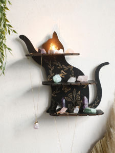 3-tier Black Cat Wall Shelves with Flower Pattern Floating Wall Shelf for Placing Crystals Essential Oils Aromatherapy Stones