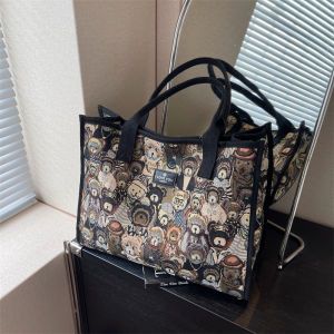 Large Capacity Cartoon Bear Canvas Tote Bag Womens Shopping Handbag Short Trip Travel Bag Commuting Shoulder Bag